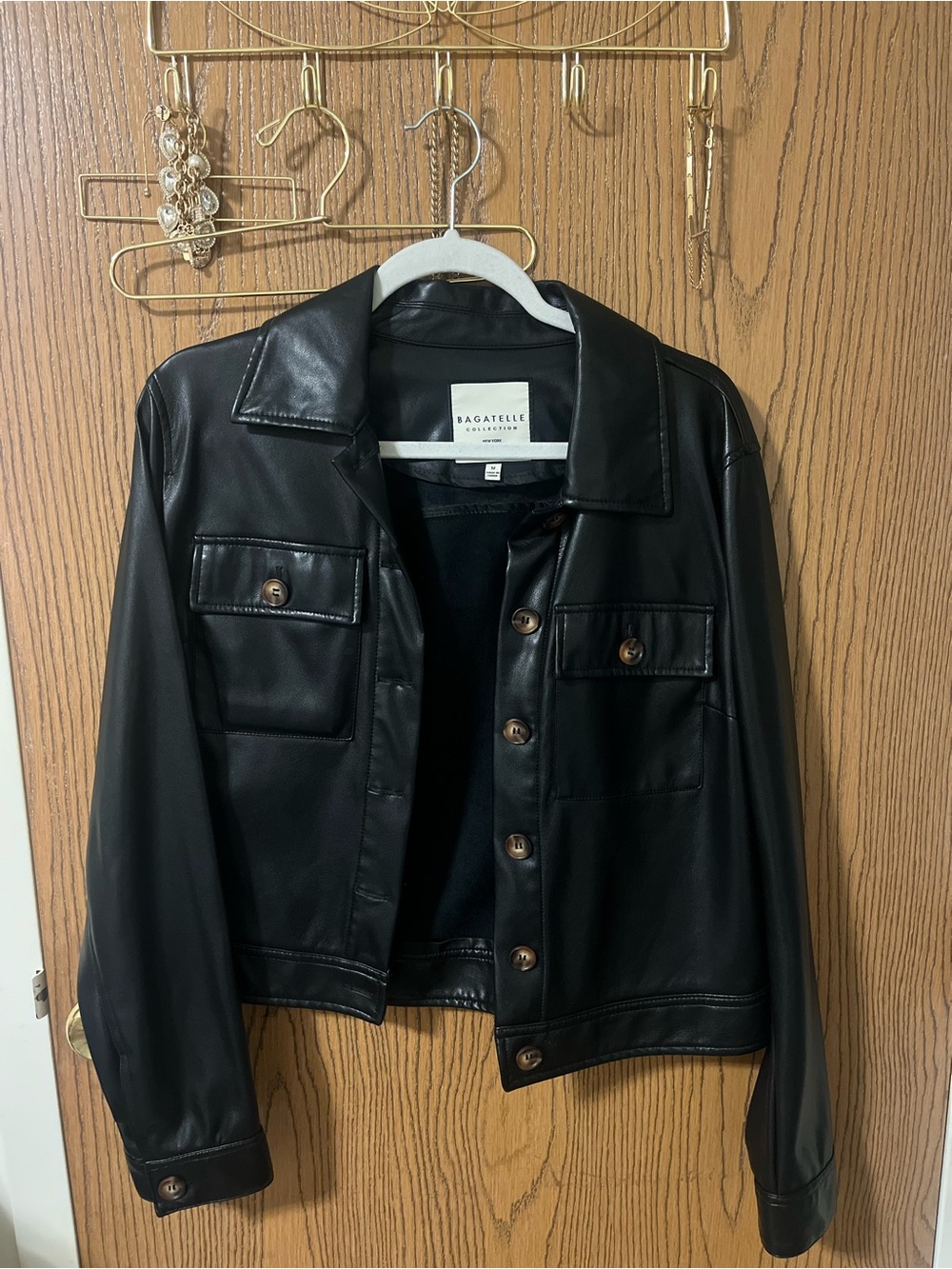 bagatelle Black Faux Leather Button-Front Jacket with Chest Pockets